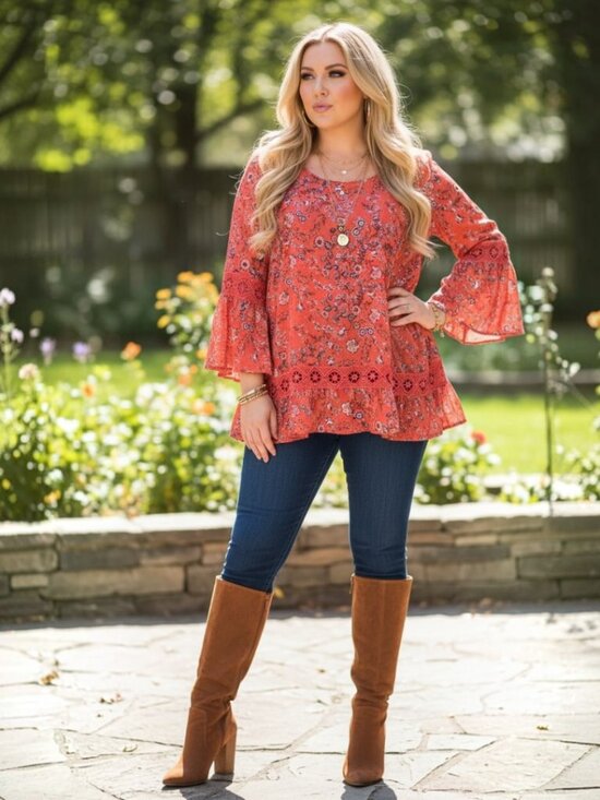 new directions Tops - New Directions Floral Ruffle Blouse in Red Size 3X